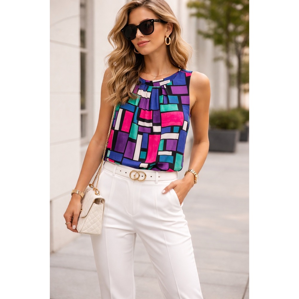 Calvin Klein Sleeveless Geometric Colorblock Pleated Keyhole Blouse Top Multi